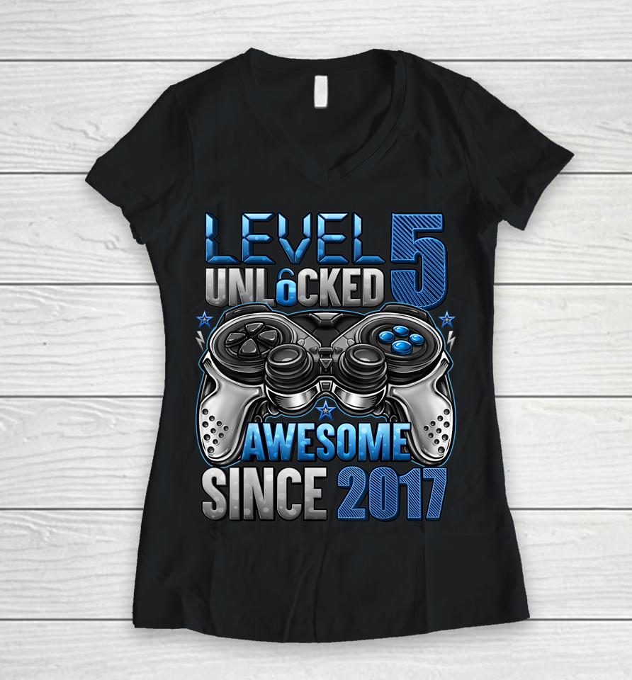 Level 5 Unlocked Awesome Since 2017 5Th Birthday Gifts Boys Women V-Neck T-Shirt
