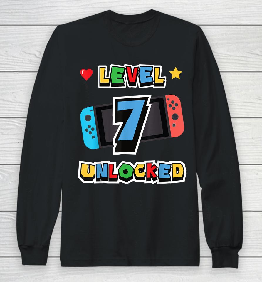 Level 7 Unlocked 7Th Birthday Kids Video Game 7 Years Old Long Sleeve T-Shirt