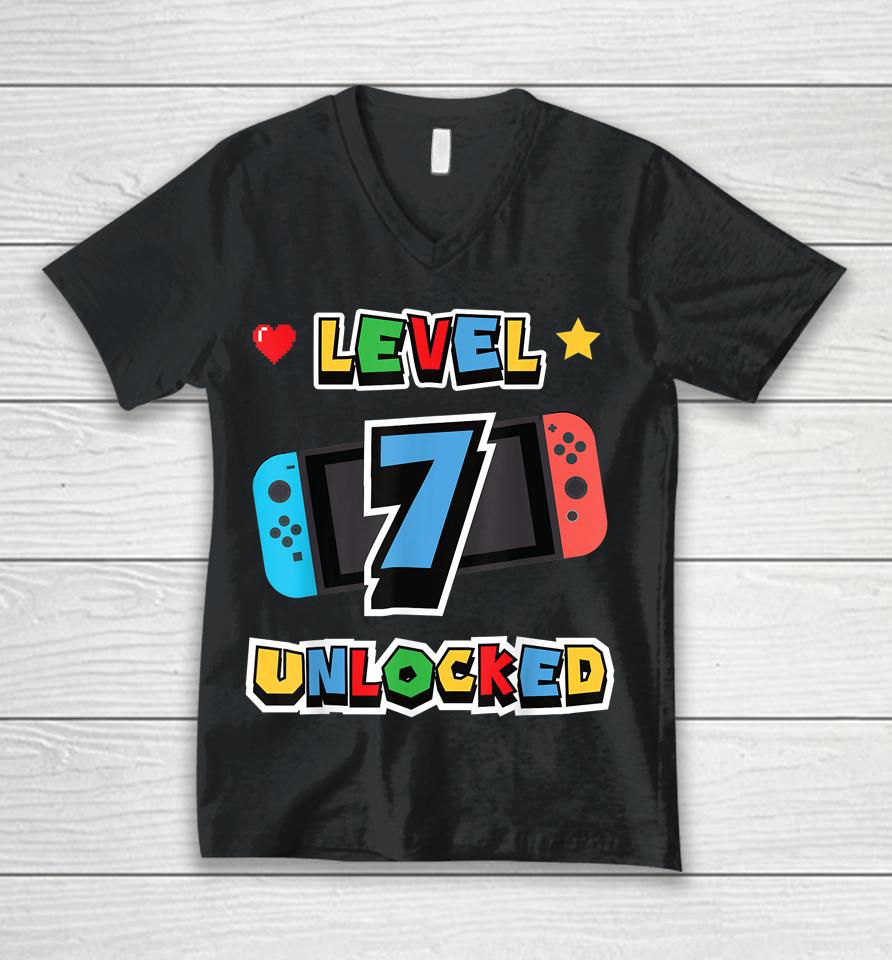 Level 7 Unlocked 7Th Birthday Kids Video Game 7 Years Old Unisex V-Neck T-Shirt