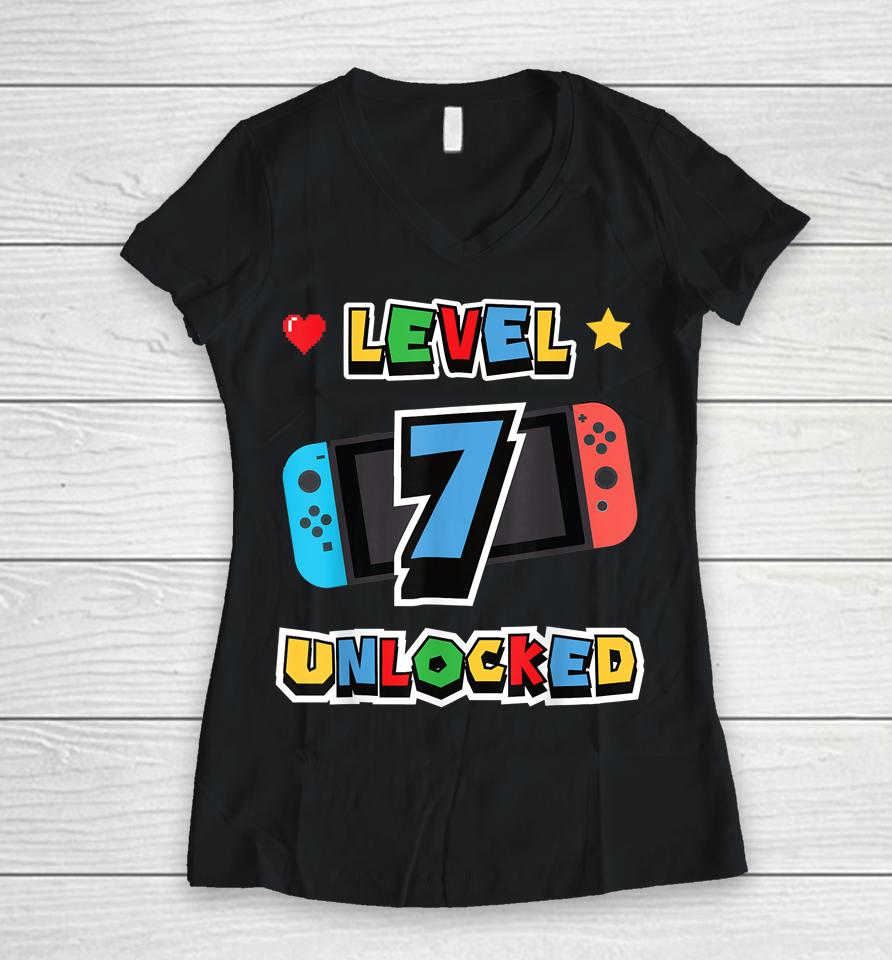 Level 7 Unlocked 7Th Birthday Kids Video Game 7 Years Old Women V-Neck T-Shirt