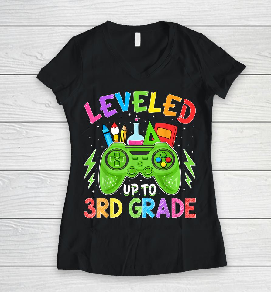Leveled Up To 3Rd Grade Gamer Back To School First Day Boys Women V-Neck T-Shirt