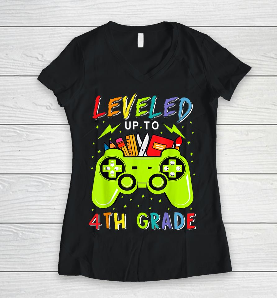 Leveled Up To 4Th Grade Gamer Back To School First Day Boys Women V-Neck T-Shirt
