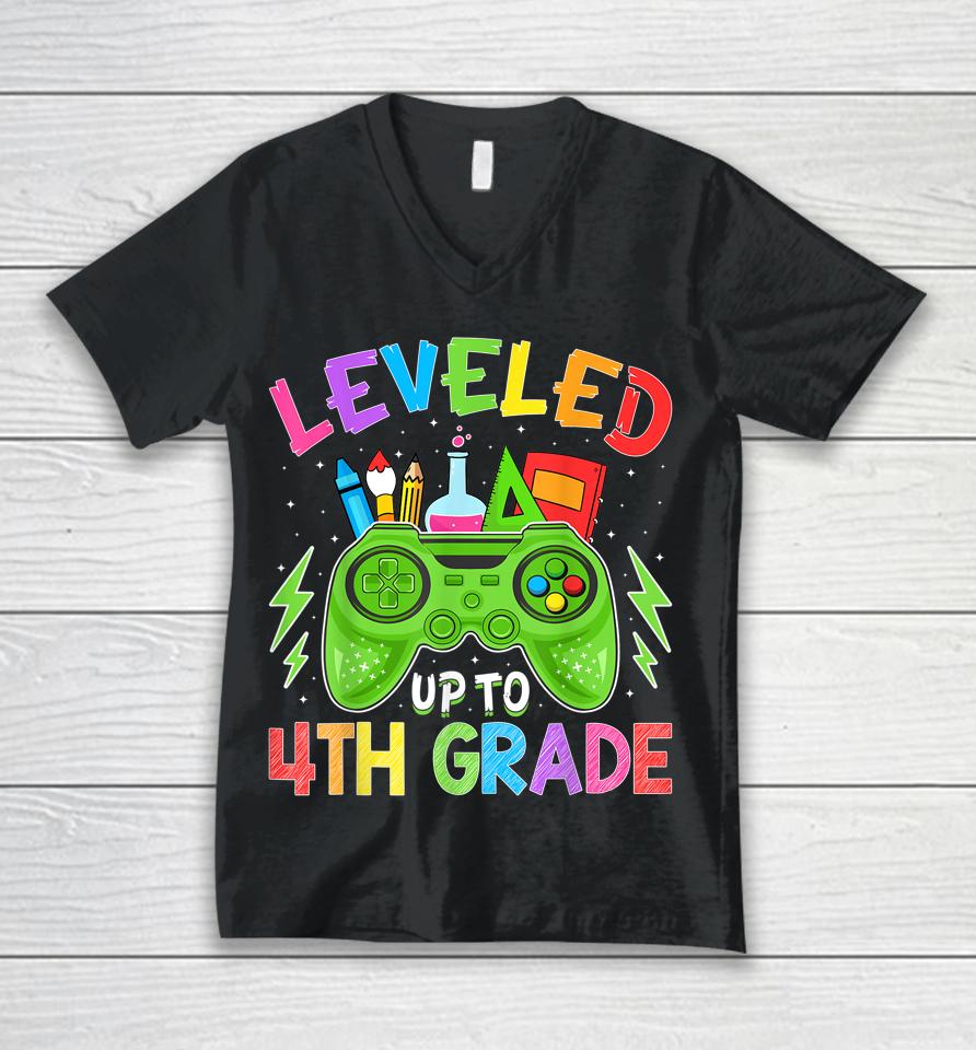 Leveled Up To 4Th Grade Gamer Back To School First Day Boys Unisex V-Neck T-Shirt