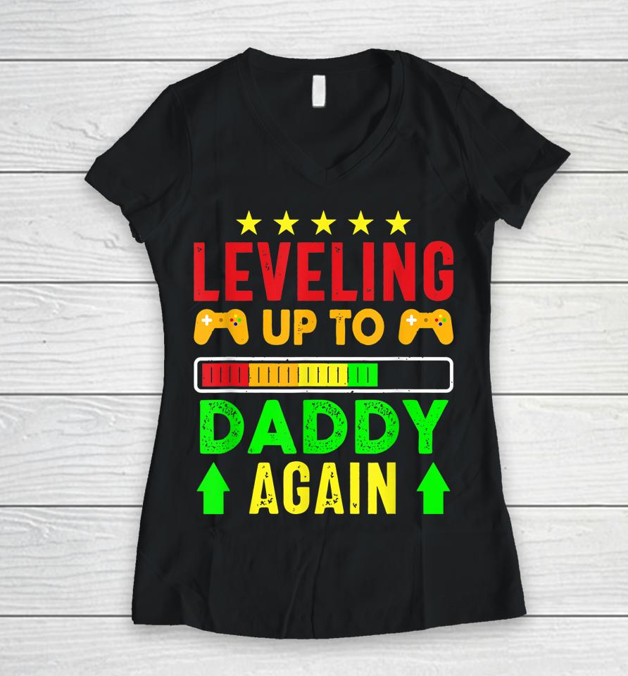 Leveling Up To Daddy Again Gamer Expecting New Baby Women V-Neck T-Shirt