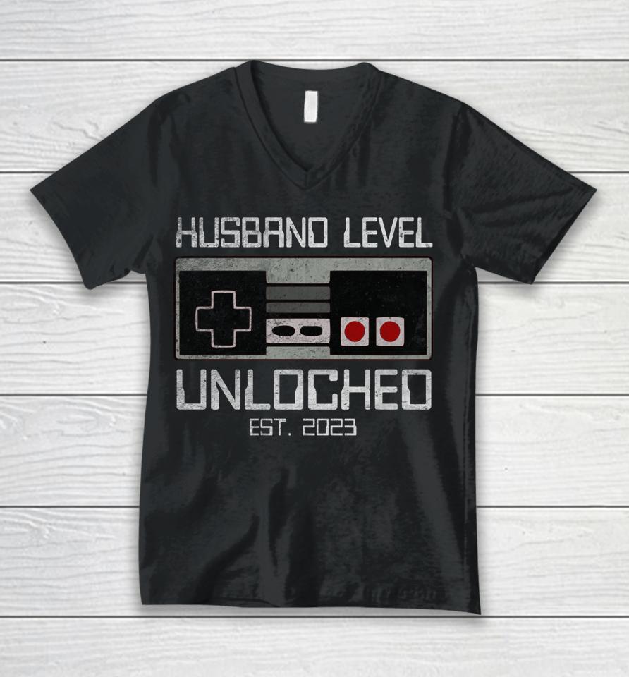 Leveling Up To Husband 2023 Funny Leveled Up Bachelor Party Unisex V-Neck T-Shirt