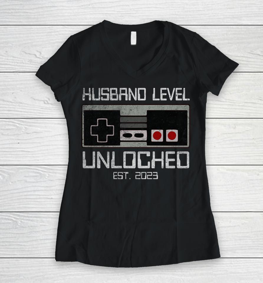 Leveling Up To Husband 2023 Funny Leveled Up Bachelor Party Women V-Neck T-Shirt