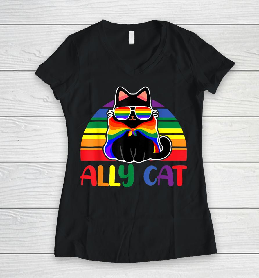 Lgbt Ally Cat Be Kind Gay Rainbow Funny Lgbtq Flag Gay Pride Women V-Neck T-Shirt