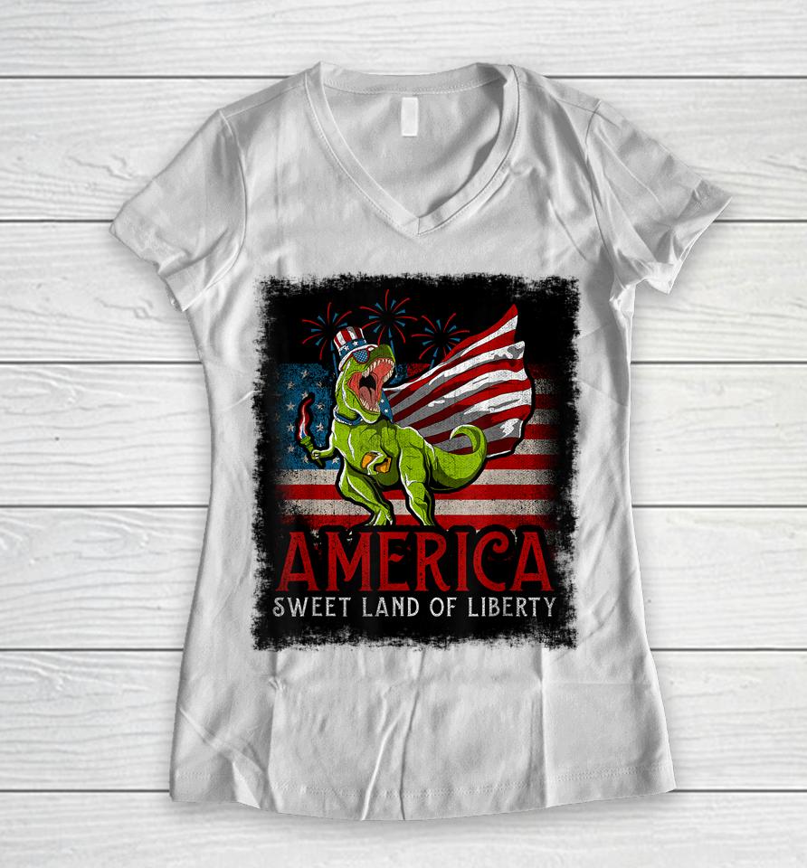 Libertysaurus Rex America Sweet Land Of Liberty 4Th Of July Women V-Neck T-Shirt