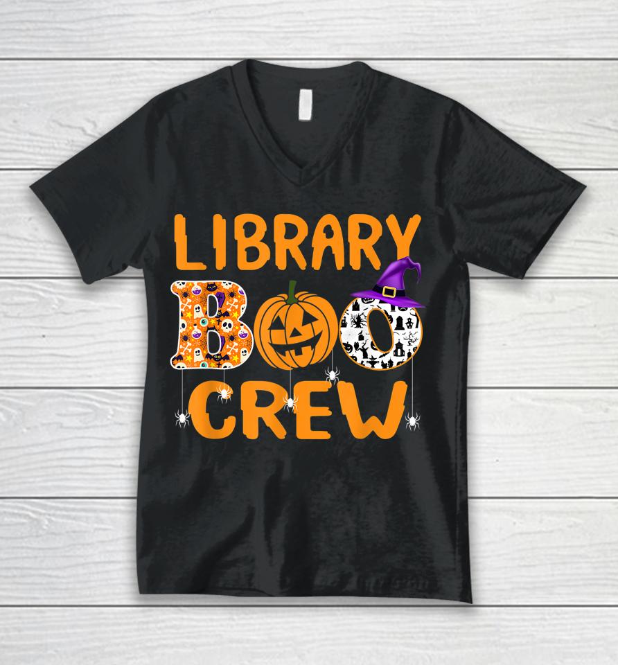 Library Boo Crew School Librarian Halloween Library Book Unisex V-Neck T-Shirt