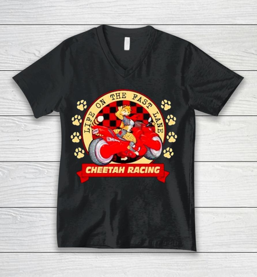 Life On The Fast Lane Cheetah Racing Unisex V-Neck T-Shirt
