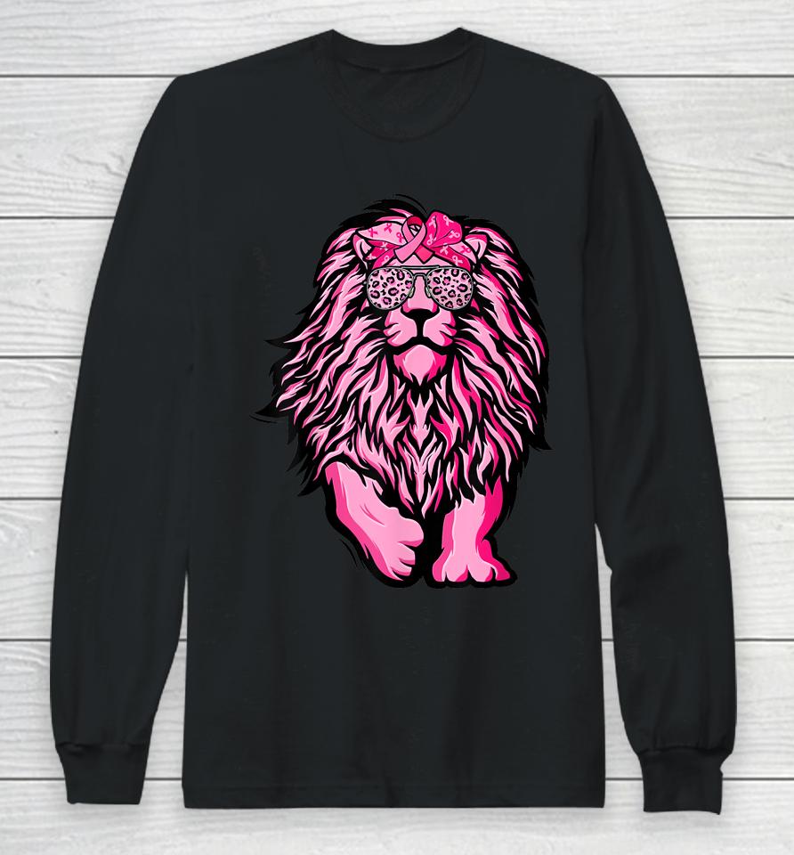 Lion Pink Bandana Ribbon Breast Cancer Awareness Warrior Long Sleeve T-Shirt