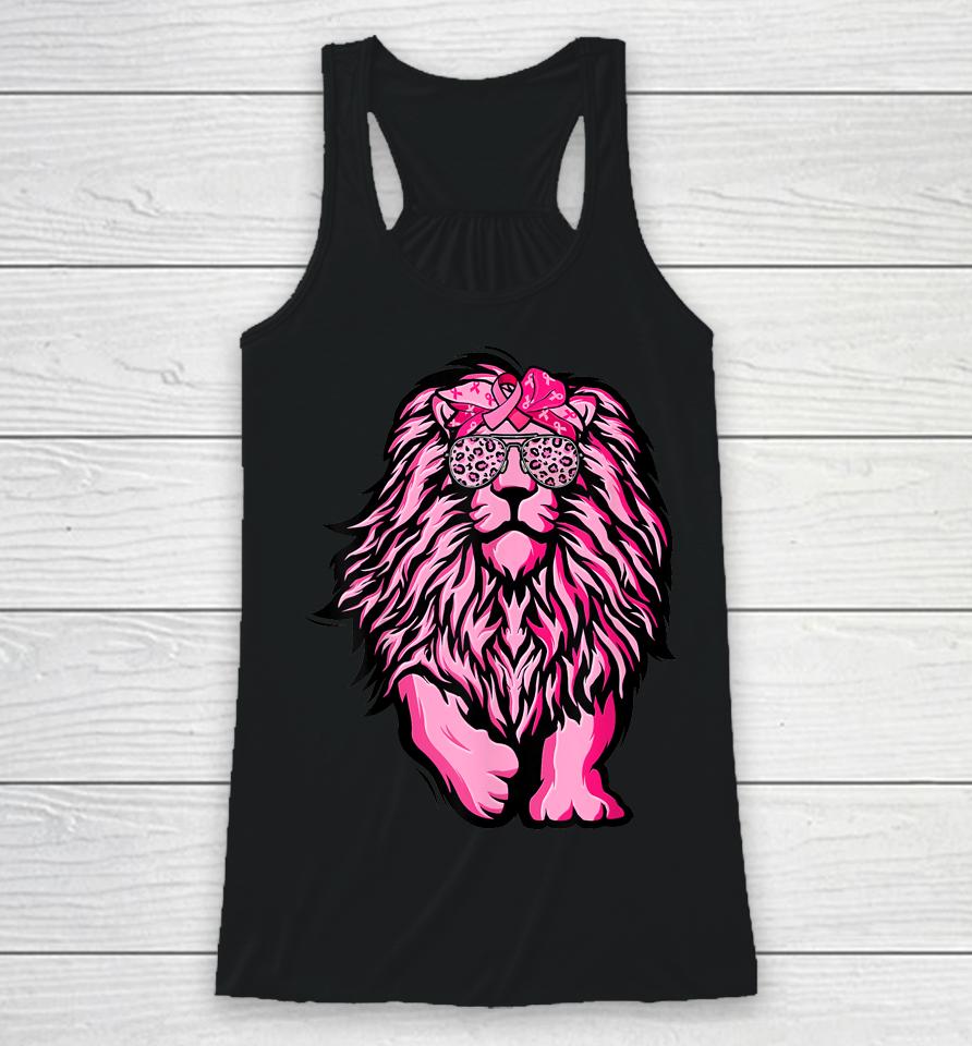 Lion Pink Bandana Ribbon Breast Cancer Awareness Warrior Racerback Tank