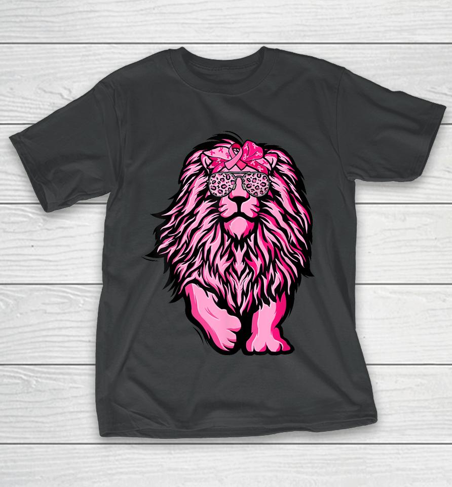 Lion Pink Bandana Ribbon Breast Cancer Awareness Warrior T-Shirt