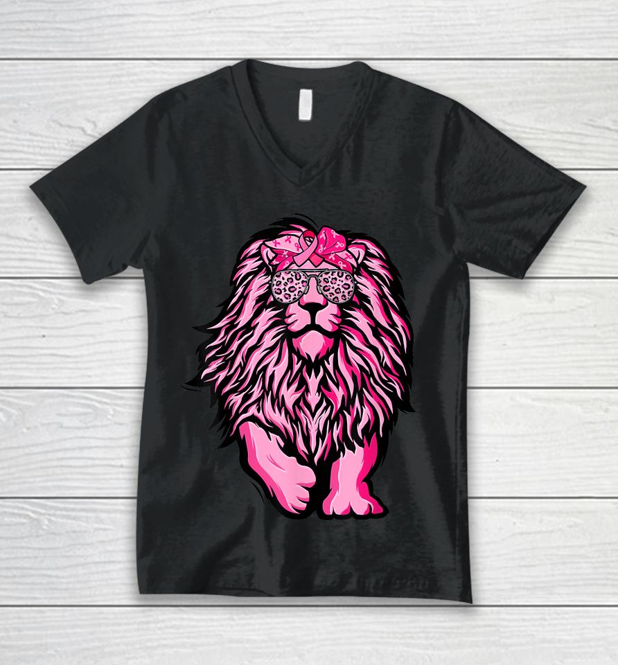 Lion Pink Bandana Ribbon Breast Cancer Awareness Warrior Unisex V-Neck T-Shirt
