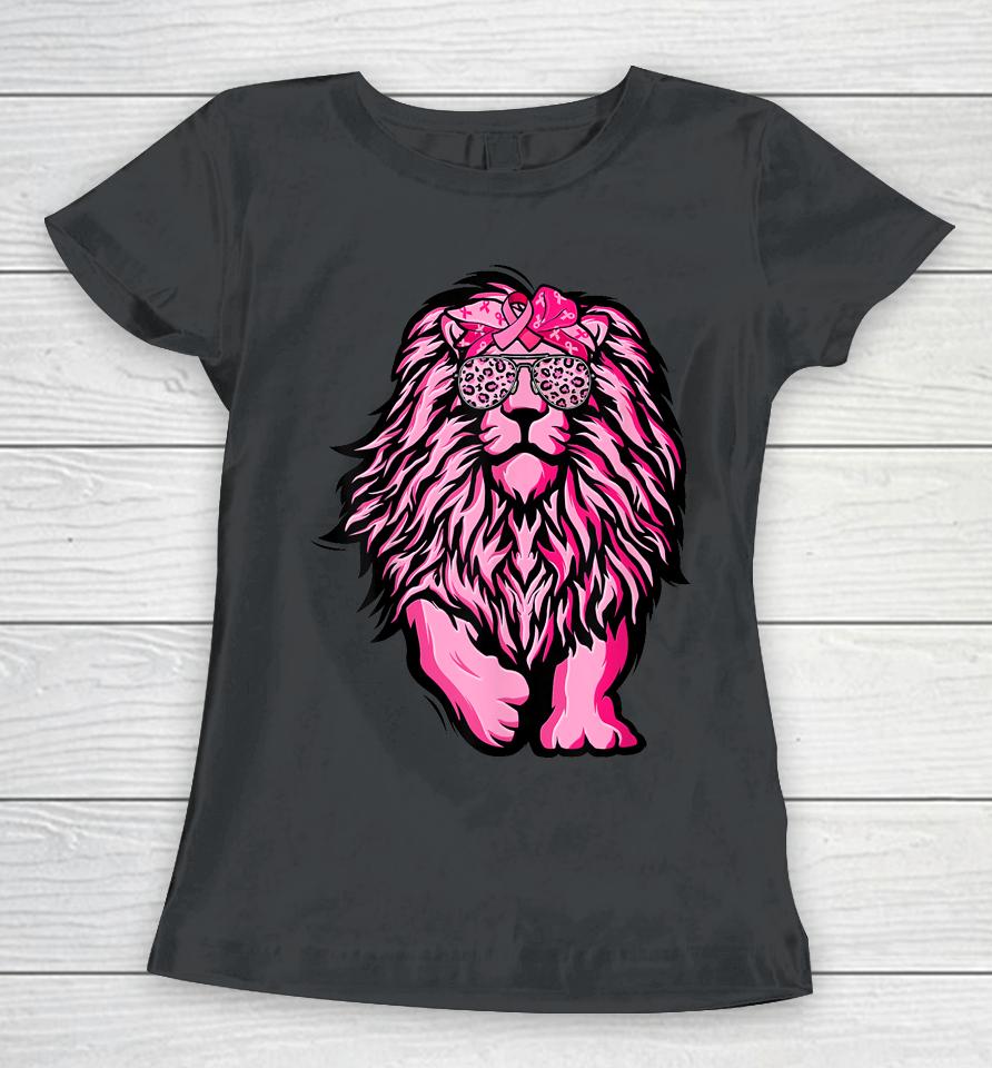 Lion Pink Bandana Ribbon Breast Cancer Awareness Warrior Women T-Shirt