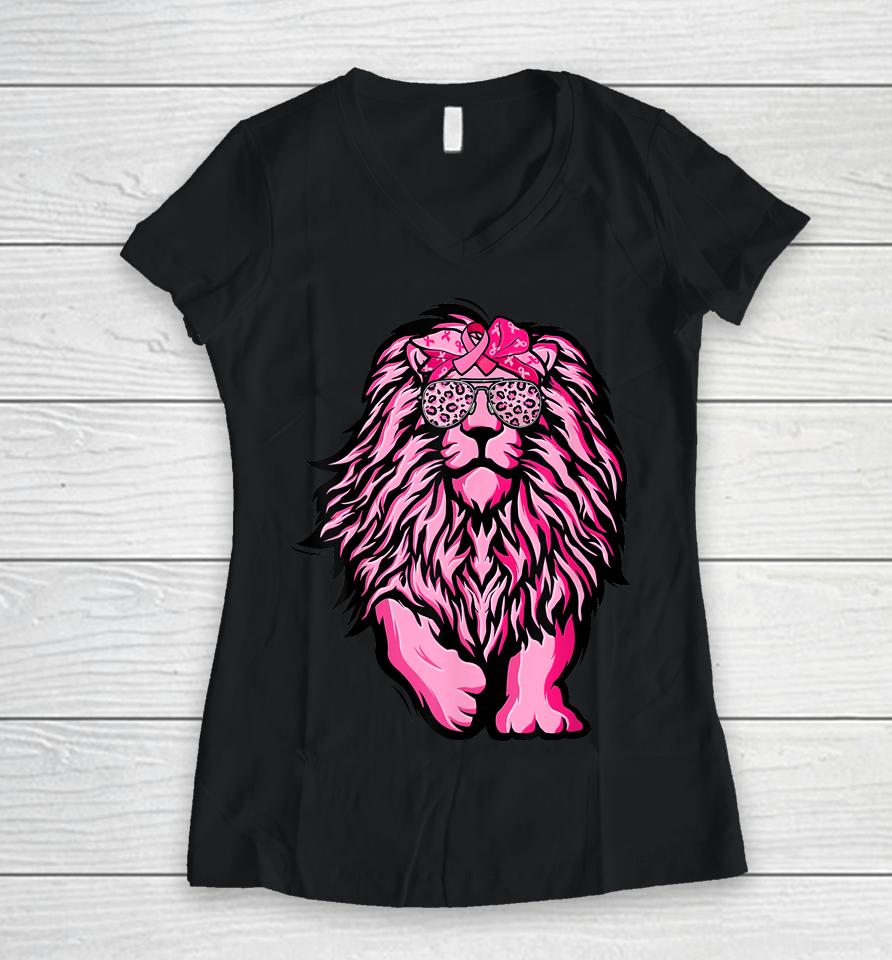 Lion Pink Bandana Ribbon Breast Cancer Awareness Warrior Women V-Neck T-Shirt