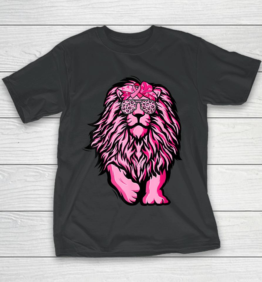 Lion Pink Bandana Ribbon Breast Cancer Awareness Warrior Youth T-Shirt