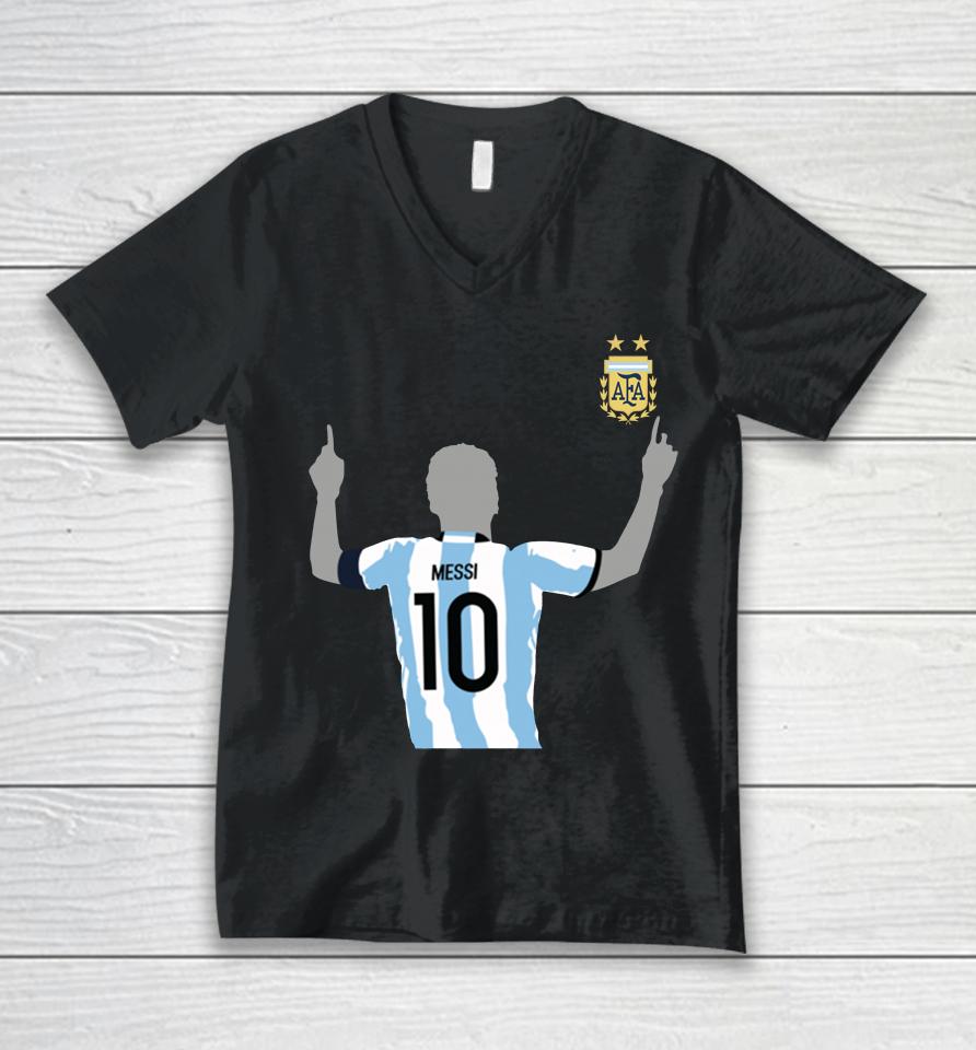 Lionel Messi Argentina National Team 2022 Winners Home Replica Jersey Unisex V-Neck T-Shirt