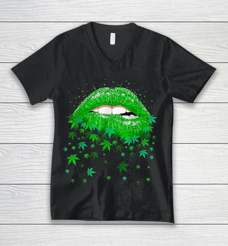 Lips Biting Cannabis Marijuana Weed Lovers Mother's Day Unisex V-Neck T-Shirt