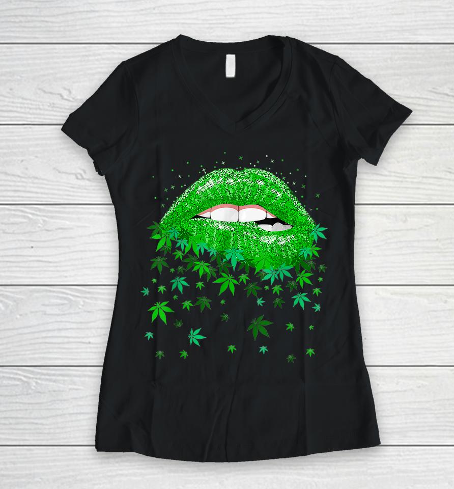 Lips Biting Cannabis Marijuana Weed Lovers Mother's Day Women V-Neck T-Shirt
