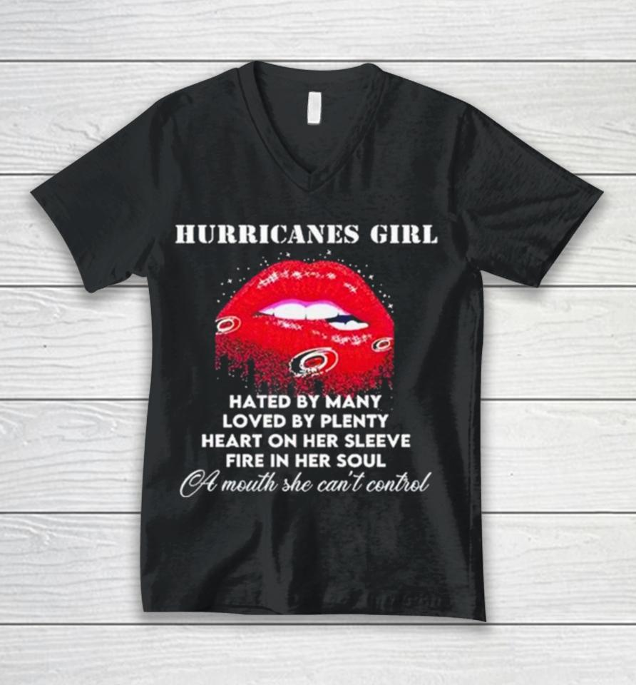 Lips Carolina Hurricanes Girl Hated By Many Loved By Plenty Heart On Her Sleeve Fire In Her Soul Unisex V-Neck T-Shirt