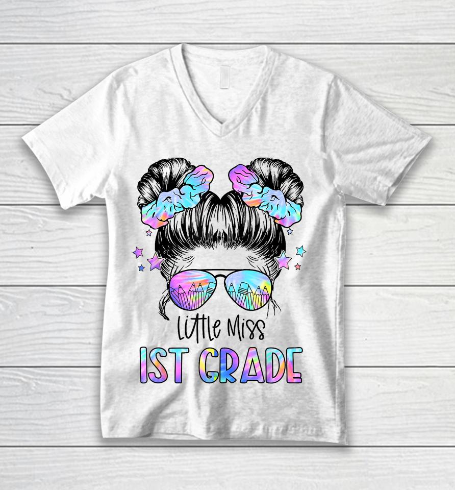 Little Miss 1St Grade Girls Messy Bun First Day Of School Unisex V-Neck T-Shirt