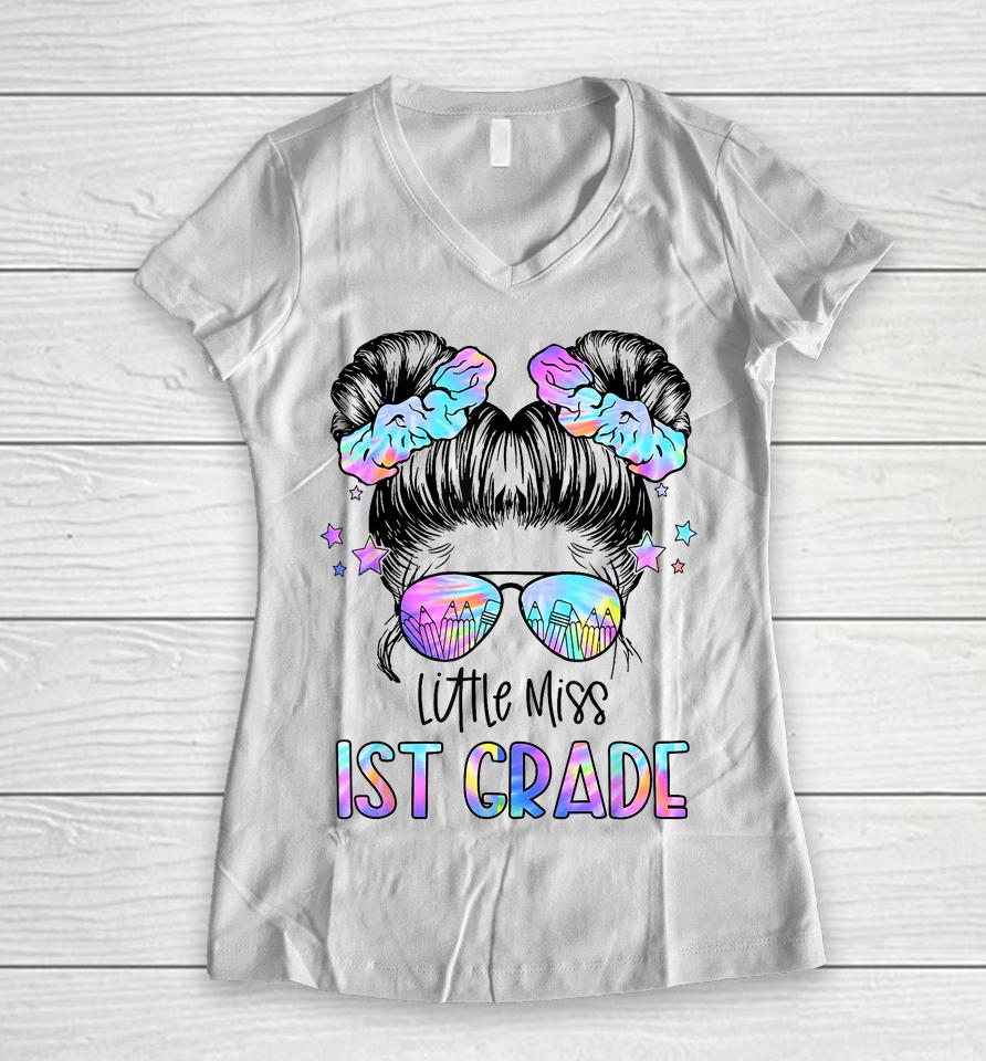 Little Miss 1St Grade Girls Messy Bun First Day Of School Women V-Neck T-Shirt