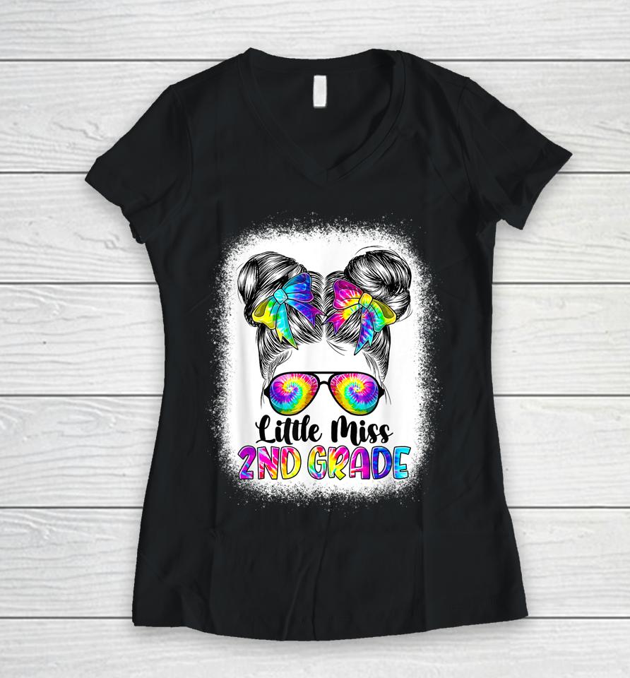 Little Miss 2Nd Grade Messy Bun Girl Back To School Tie Dye Women V-Neck T-Shirt