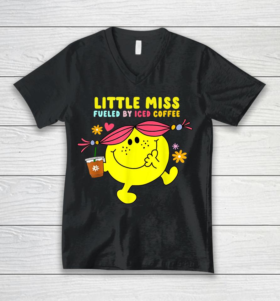 Little Miss Fueled By Iced Coffee Funny Coffee Drinking Unisex V-Neck T-Shirt