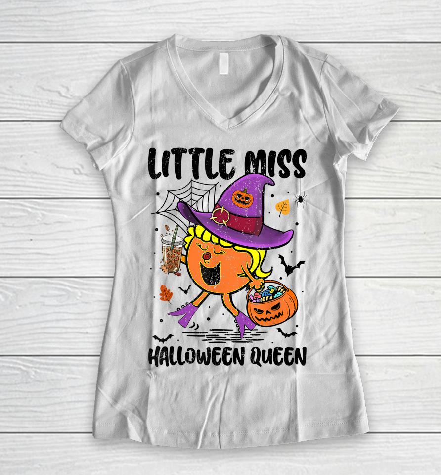 Little Miss Halloween Queen Pumpkin Vintage Women V-Neck T-Shirt
