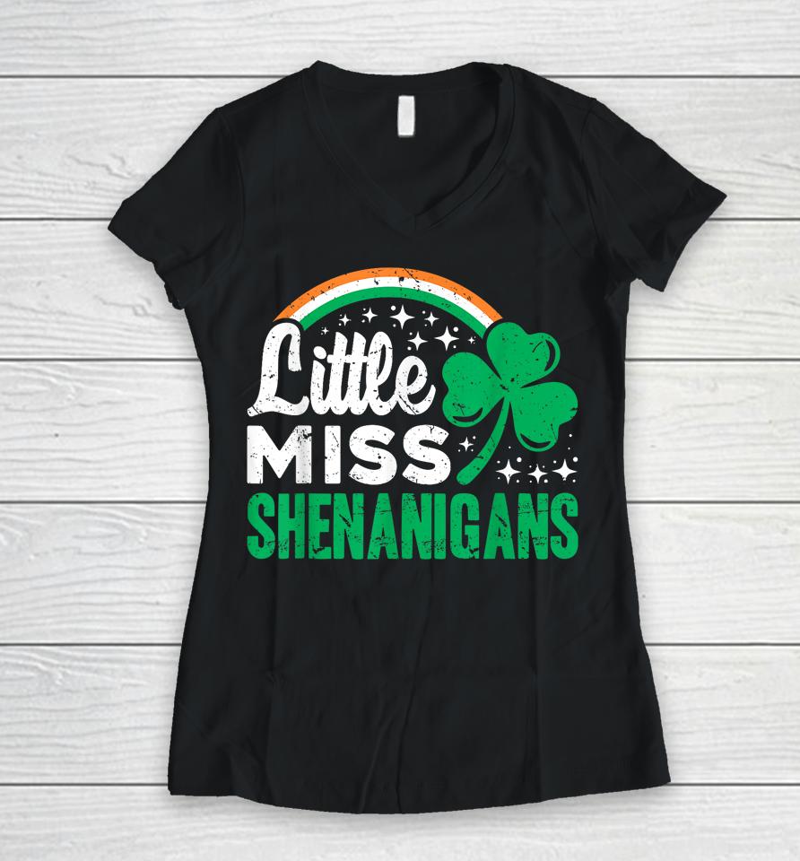 Little Miss Shenanigans Shamrock Clovers Vintage Women V-Neck T-Shirt