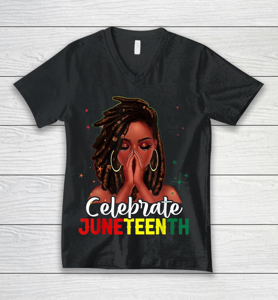 Loc'd Hair Black Woman Celebrate Indepedence Day Juneteenth Unisex V-Neck T-Shirt