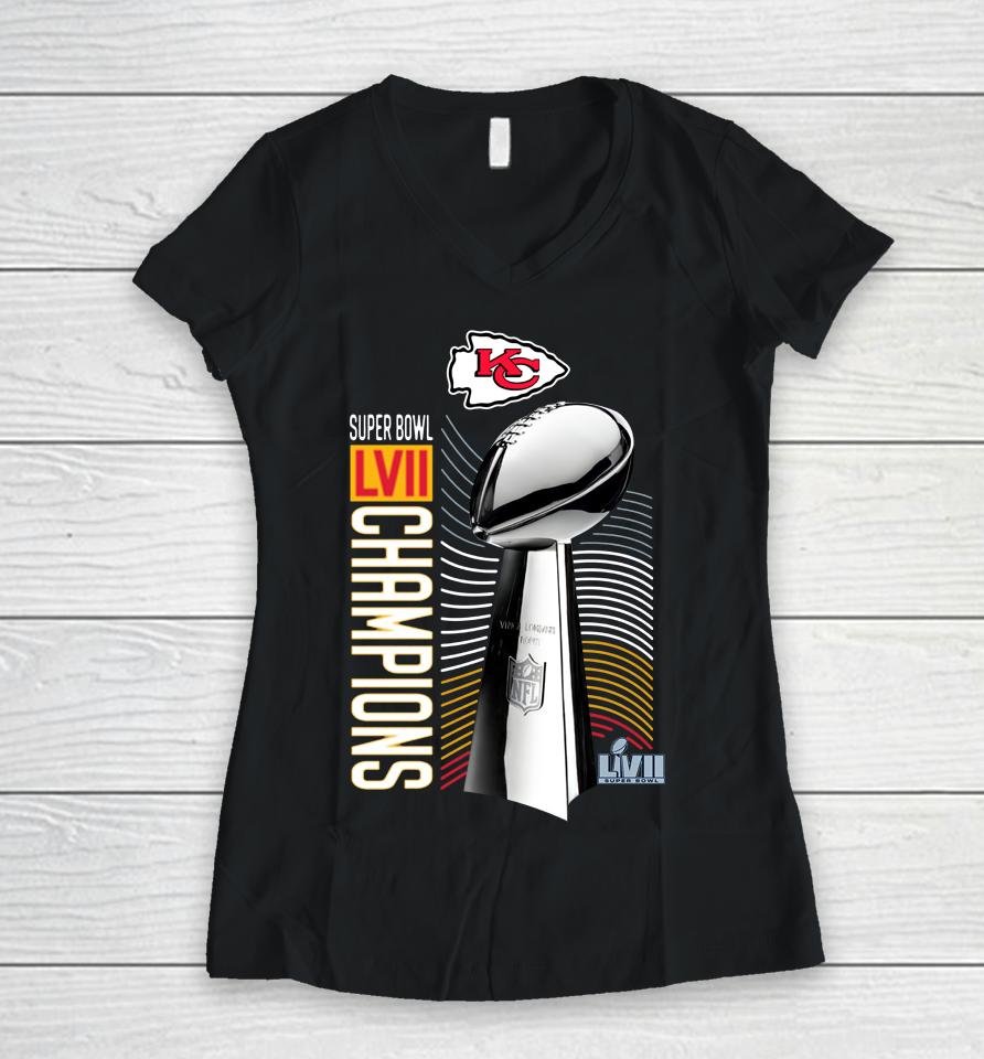 Lombardi Trophy Black Kansas City Chiefs Super Bowl Lvii Champions Women V-Neck T-Shirt