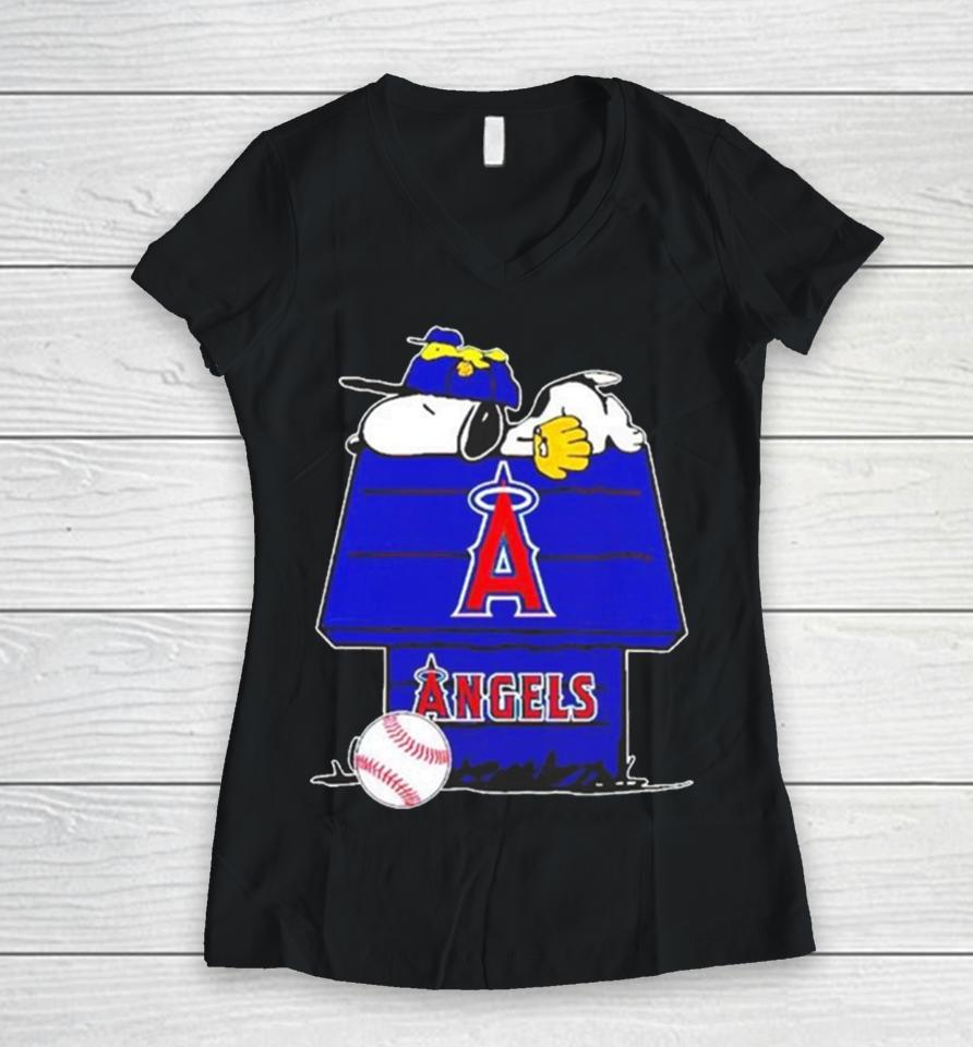 Los Angeles Angels Snoopy And Woodstock The Peanuts Baseball Women V-Neck T-Shirt