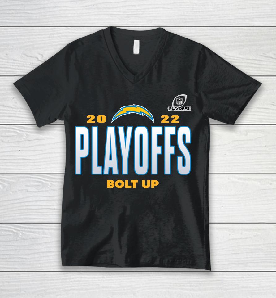 Los Angeles Chargers Bolt Up 2022 Nfl Playoffs Our Time Unisex V-Neck T-Shirt