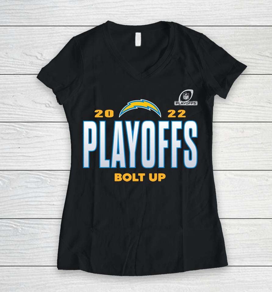 Los Angeles Chargers Bolt Up 2022 Nfl Playoffs Our Time Women V-Neck T-Shirt