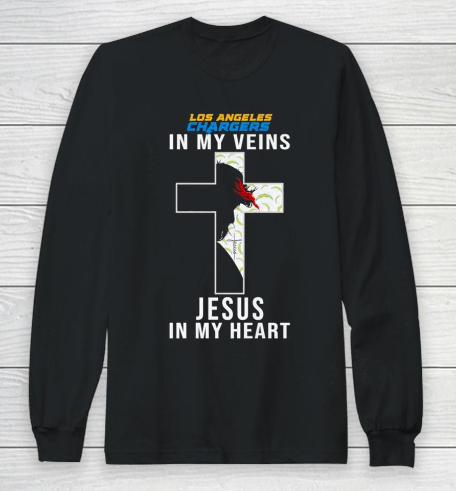 Los Angeles Chargers Nfl In My Veins Jesus In My Heart Cross 2024 Long Sleeve T-Shirt