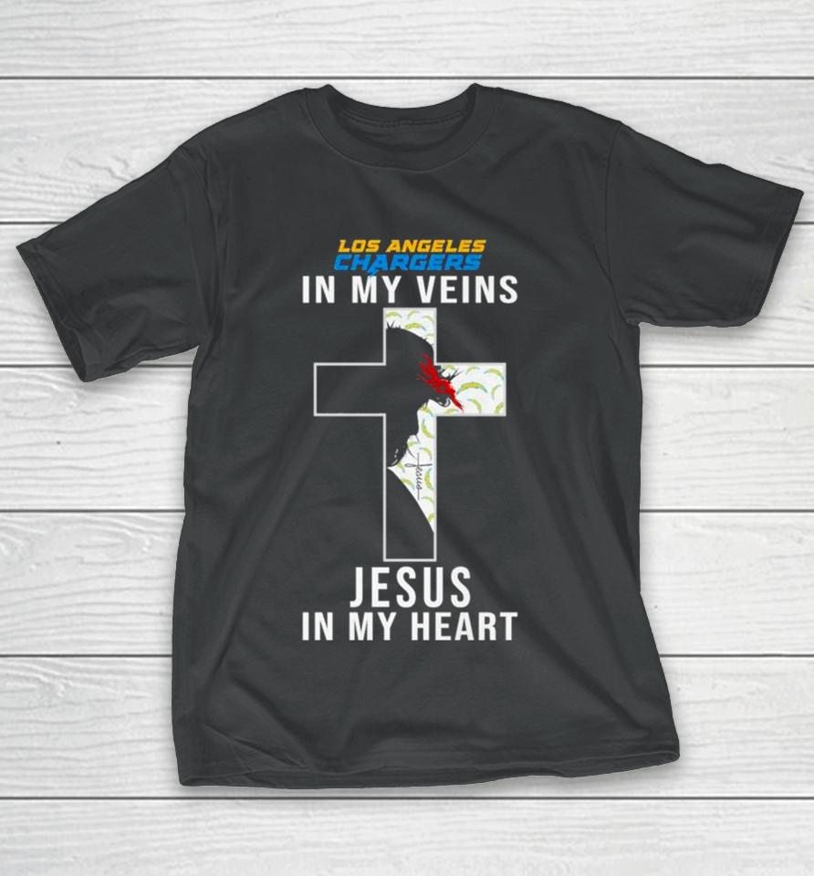 Los Angeles Chargers Nfl In My Veins Jesus In My Heart Cross 2024 T-Shirt