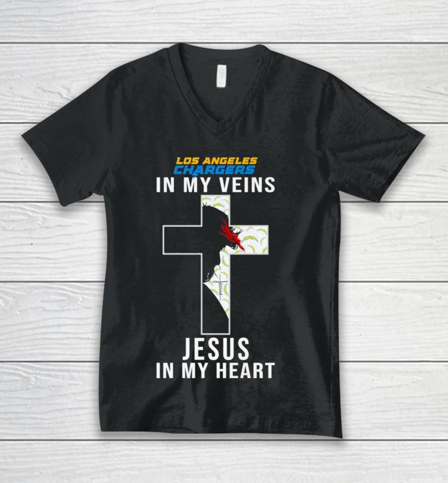 Los Angeles Chargers Nfl In My Veins Jesus In My Heart Cross 2024 Unisex V-Neck T-Shirt