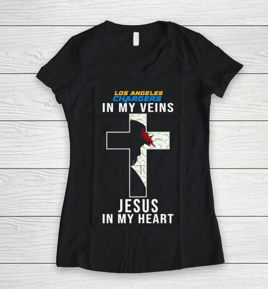 Los Angeles Chargers Nfl In My Veins Jesus In My Heart Cross 2024 Women V-Neck T-Shirt