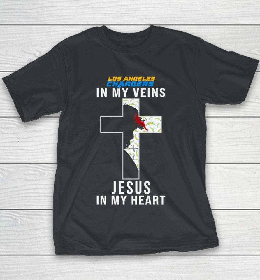 Los Angeles Chargers Nfl In My Veins Jesus In My Heart Cross 2024 Youth T-Shirt