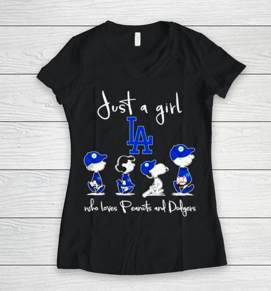 Los Angeles Dodgers Just A Girl Who Loves Peanuts And Dodgers Abbey Road Women V-Neck T-Shirt