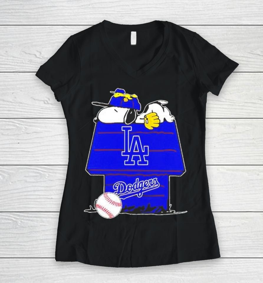 Los Angeles Dodgers Snoopy And Woodstock The Peanuts Baseball Women V-Neck T-Shirt