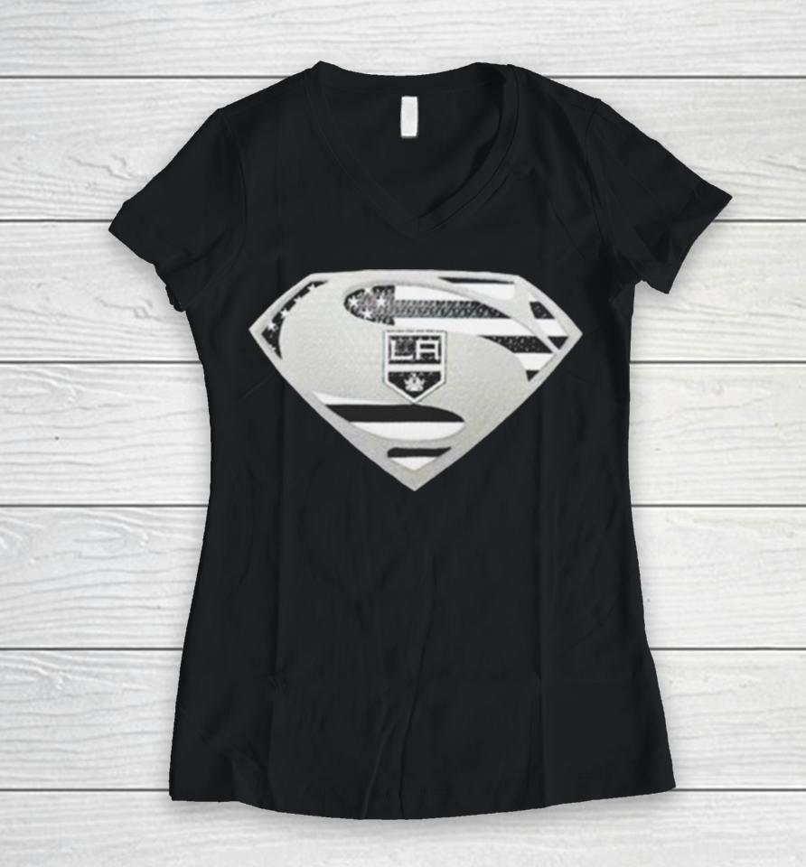 Los Angeles Kings Usa Flag Inside Superman Women V-Neck T-Shirt