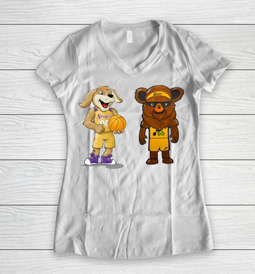 Los Angeles Lakers Vs Utah Jazz Nba 2024 Mascot Cartoon Basketball Women V-Neck T-Shirt