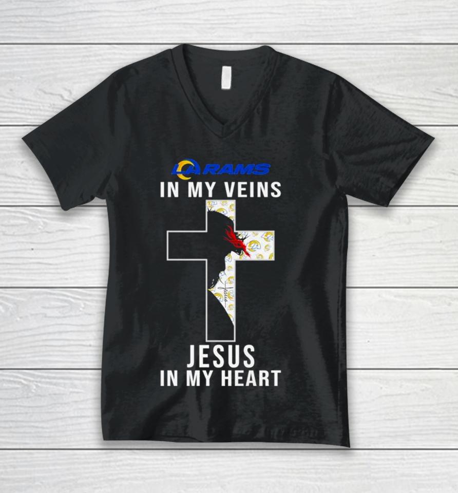 Los Angeles Rams Nfl In My Veins Jesus In My Heart Cross 2024 Unisex V-Neck T-Shirt