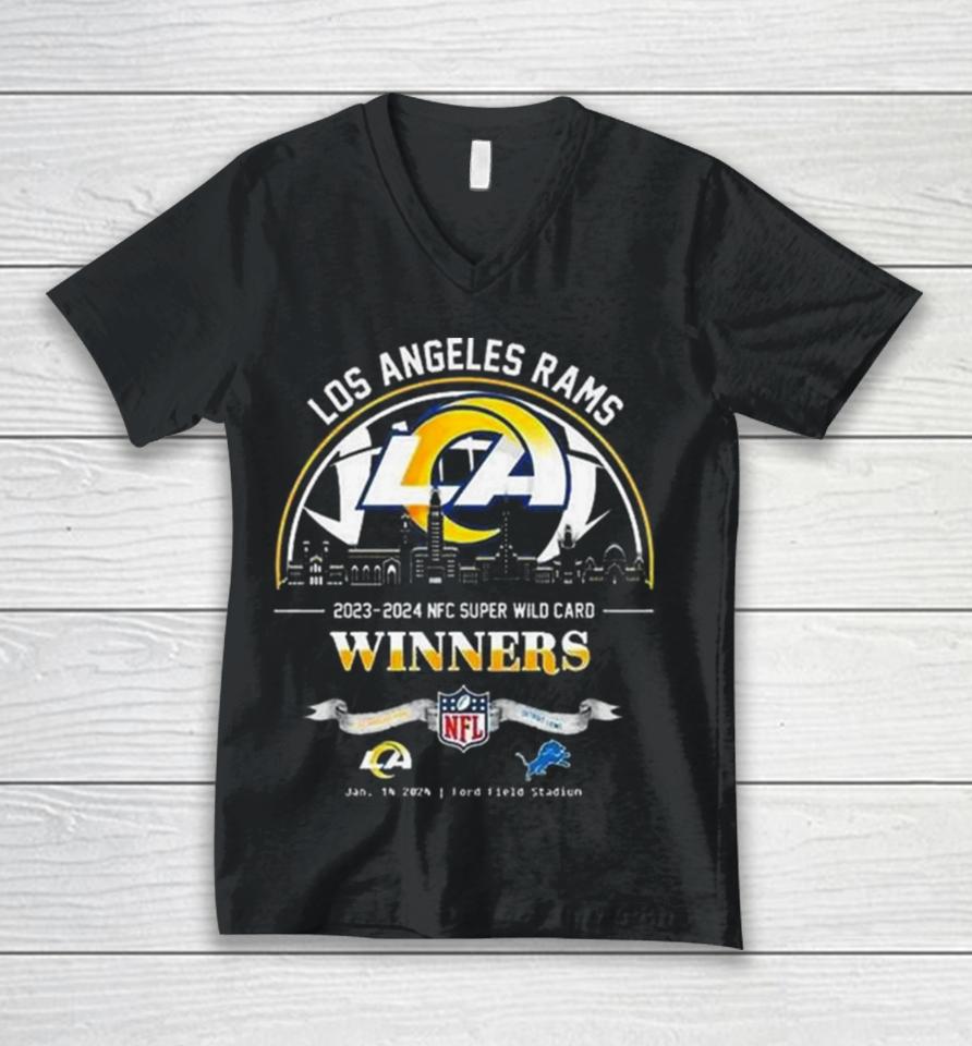 Los Angeles Rams Winners Season 2023 2024 Nfc Super Wild Card Nfl Divisional Skyline January 14 2024 Ford Field Stadium Unisex V-Neck T-Shirt