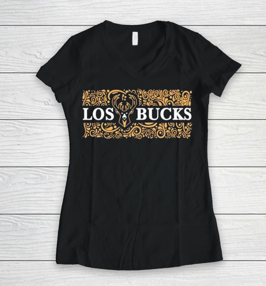 Los Bucks Milwaukee Bucks Nba Floral Women V-Neck T-Shirt