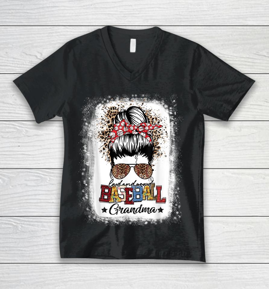 Loud Proud Baseball Grandma Life Messy Bun Leopard Game Day Unisex V-Neck T-Shirt