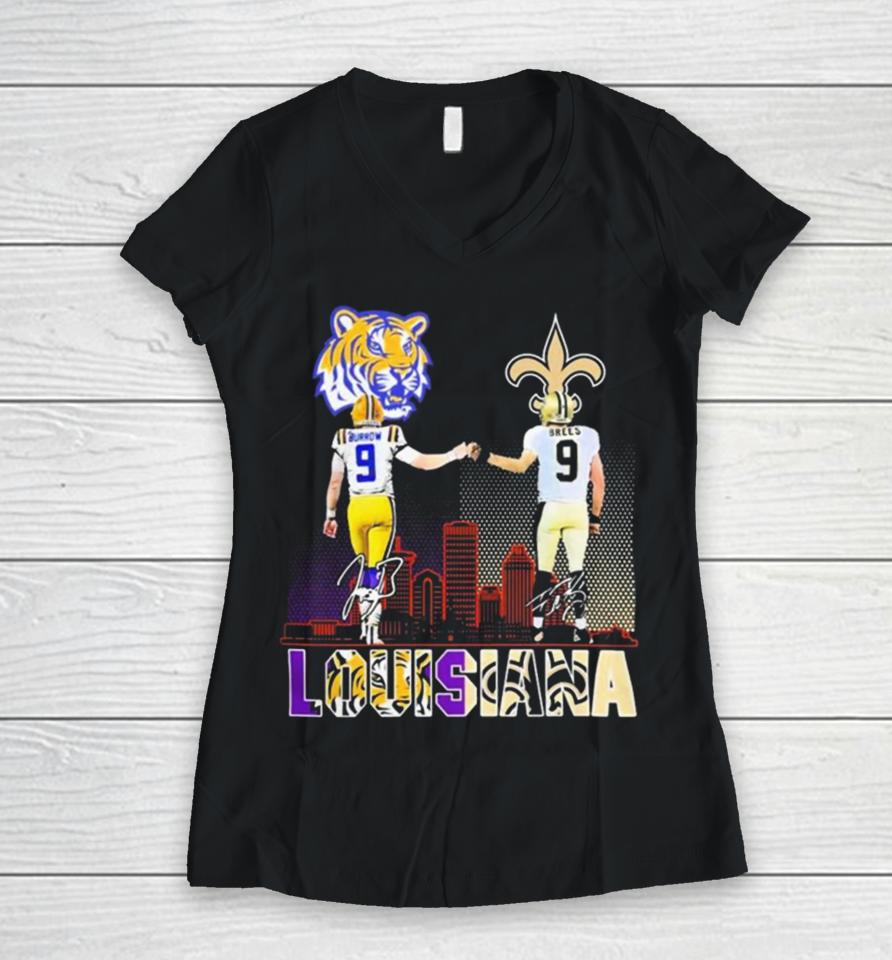Louisiana Sports Teams Joe Burrow And Drew Brees Signatures Women V-Neck T-Shirt